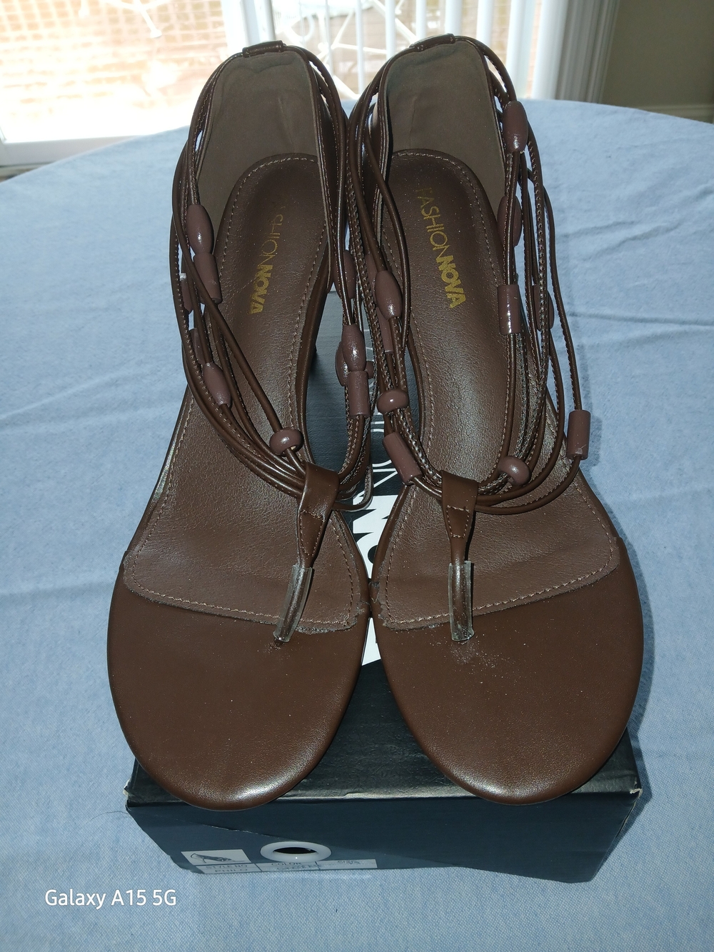Fashion Nova Philo beaded thong heels in chocolate brown